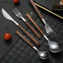 4/16/24 Pcs Stainless Steel Gold Cutlery Set, Wooden Grain Design, Plastic Handle Flatware, Japanese Style Tableware, Suitable For Kitchen, Hotel, School - Silver - View 7