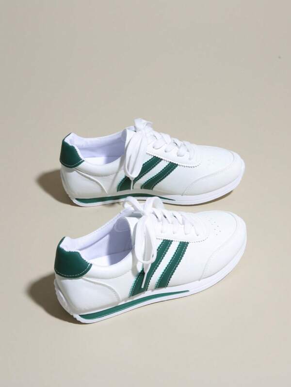 Women's Lace-Up Flat Non-Slip Running Shoes, Spring/Autumn, Plus Size 35-43, Suitable For Hiking, Dancing, Fitness, White PU Leather Casual Sports Sneakers