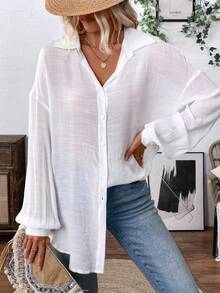 女士纯白色亚麻质感薄纱长袖宽松休闲衬衫，适合音乐节、科切拉派对、年轻女孩休闲穿着、海滩度假和夏季日常通勤 - 白色 - 查看 9