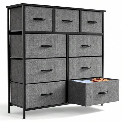 Fabric Storage Dresser With 9 Drawers, Steel Frame And Wooden Top For Bedroom, Closet And Entryway
