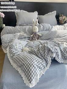 3pcs Black & White Plaid Lace Trim Bedding Set, Includes 1 Duvet Cover And 2 Pillow Shams (No Filling) - Blue - View 1