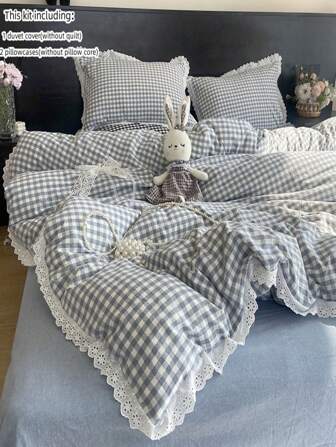 3pcs Black & White Plaid Lace Trim Bedding Set, Includes 1 Duvet Cover And 2 Pillow Shams (No Filling)