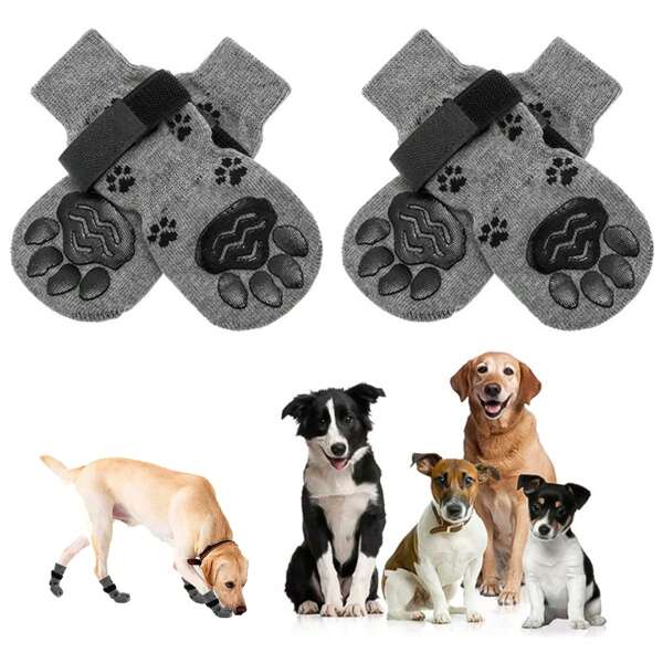 1pc 4-Pack Classic Gray Non-Slip, Non-Scratch, Quiet Cotton Socks For Middle-Aged & Senior Dogs, Breathable Design For Small-Medium Breeds, Protects Hardwood Floors - Indoor Dog Shoes