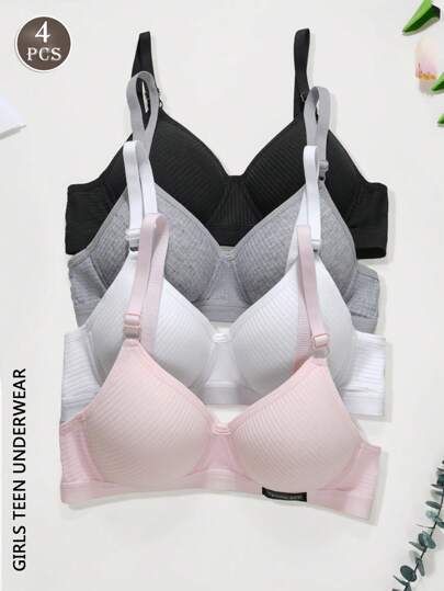 4Pcs Girls Teenager Ribbed Triangle Cup Bra, Comfortable And Breathable Developmental Girls Underwear Suitable For 13-16Y
