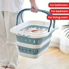 Collapsible Plastic Laundry Hamper With Handles - Portable Folding Clothes Basket For Bedroom, Bathroom & Multi-Room Use, White & Gray Rectangular Design With Ventilation Holes, Laundry Basket, Laundry Baskets Folding Dirty Clothes Basket, Household Wall Mount Clothes Storage Basket, Bathroom Laundry Basket, Plastic Large Laundry Basket, Home Organization And Storage Supplies For Bathroom Bedroom Living Room Dorm