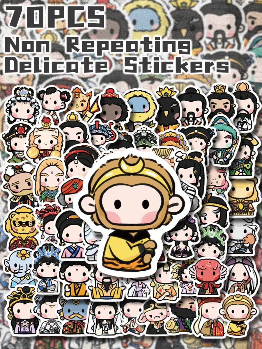 70pcs Cute Characters From Journey To The West Themed Stickers Non-Repeating Delicate Decorative Stickers For Holiday Gift Party&Home Decors Birthday Gift Luggage Scooter Hand Account Water Bottle Cups Laptop Tablet Phone Case Notebooks School Supplies, Back To School