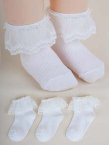 3 Pairs Children Lace Trim Socks, Minimalist Breathable Mesh Princess Dance Socks - Multicolor - View 1