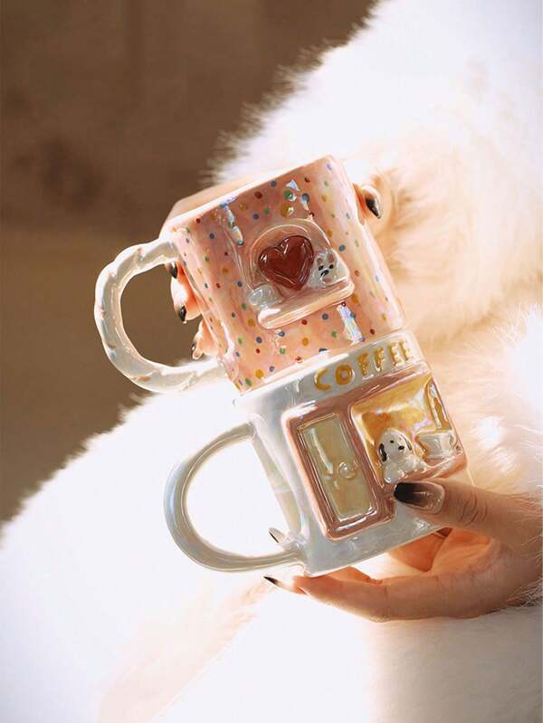 1 pièce Tasse en céramique mignonne avec motif en relief nacré de chiot. Tasse à thé de style féminin très convoitée. Tasses de couple pour café, cadeau pour elle