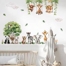 1 pièce Autocollant mural décoratif d'un monde forestier dessin animé avec lion, éléphant, girafe, singe se balançant en aquarelle. Pour la décoration de la chambre d'enfants, la garderie, la chambre. Décoration pour la Fête des enfants - Multicolore - Voir 9