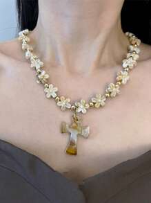 1 Peça Colar Elegante e Único de Flor e Pingente de Cruz Fashionable, de Alta Qualidade e Delicado, Joia de Uso Diário para Mulheres