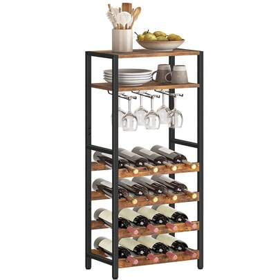 HOOBRO Wine Racks, Wine Holder Display Storage Shelves, Wooden Wine Shelf, 16 Bottle Wine Storage Rack With Glass Holder, Bar Shelves, Tall, Industrial, For Kitchen, Cellar, Rustic Brown