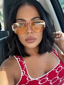 1pc Retro Pilot Style Fashion Fashion Glasses For Women, Personalized Eyeglasses Suitable For Summer Vacation, Beach - 橘色 - 查看 3