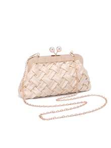 香槟色缎面手拿包，编织纹理和亚克力金色五金配件，珍珠装饰女士晚宴包 - 可拆卸链条肩带，适合新娘、母亲、情人节的婚礼派对生日礼物