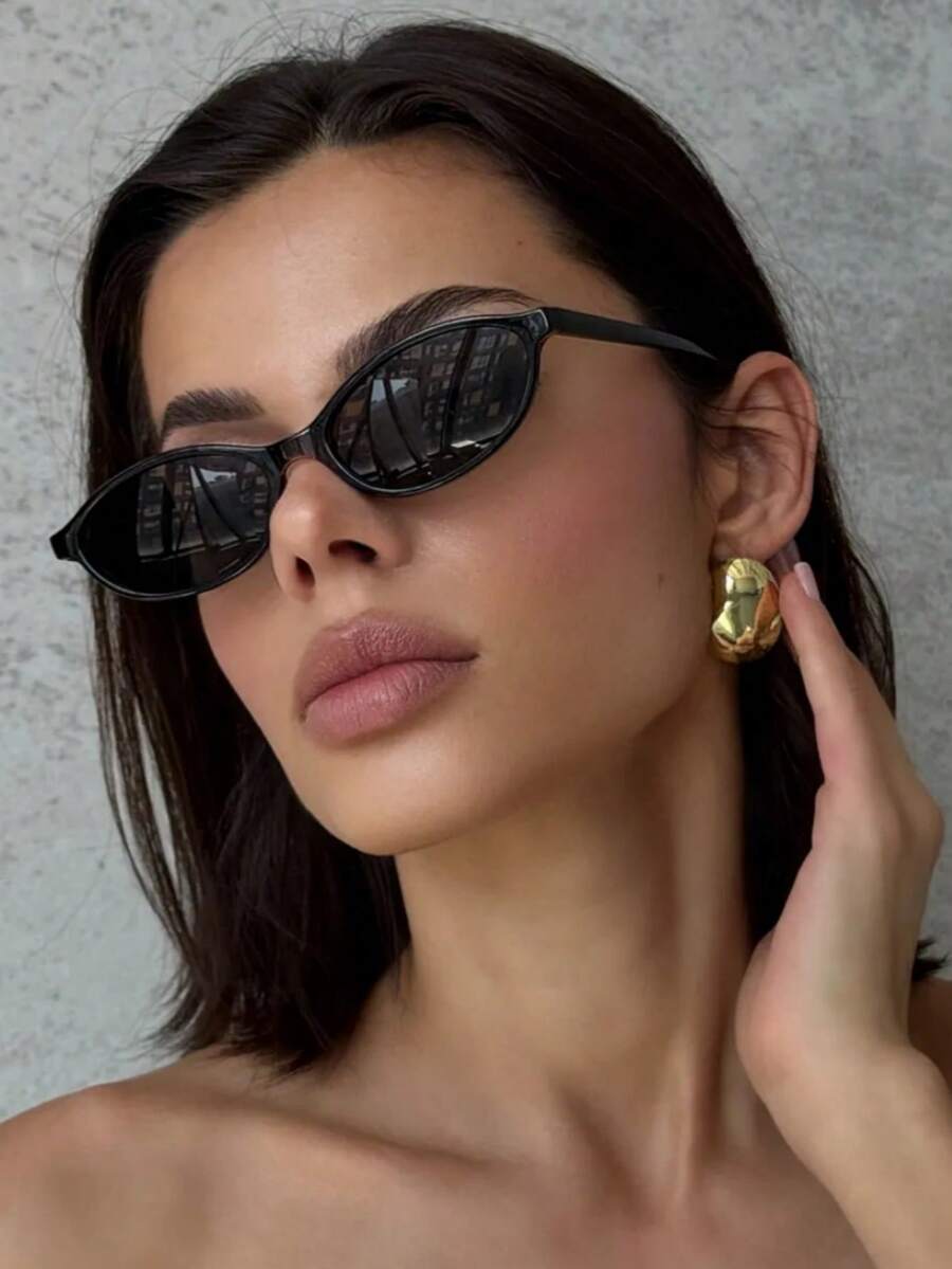 1PC Classic Vintage Hot Girl Style Popular Design Elegant Oval Plastic Small Frame Fashion Glasses,For Women-Tropical Beach Vacay,Street-Photography,Musical Festival Decoration Suitable For All Face Shapes,Summer Accessories Preppy Style For Back To School Oval Shape - 黑灰 - 查看 1