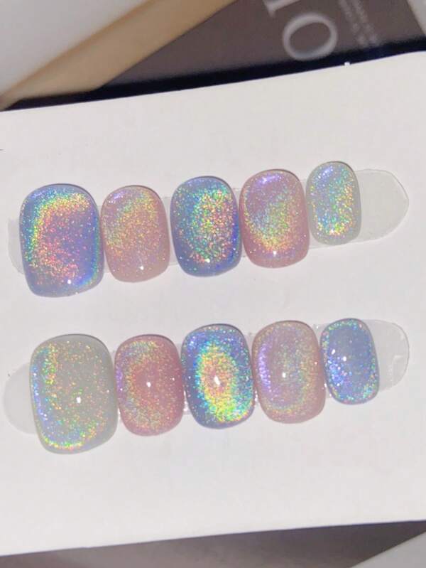 10 Rainbow-Colored, Cat-Eye Dazzling Press-On Nail, Short Daily Wear, Gentle And Cute, Detachable False Nails As Gifts For Ladies And Girls