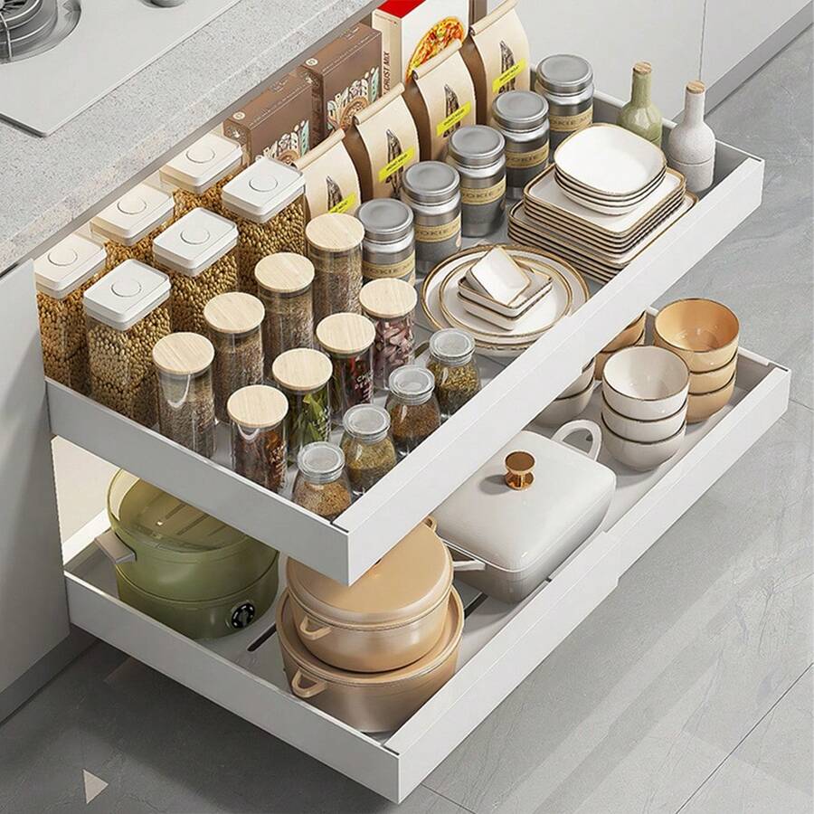 Expandable Pull-Out Cabinet Organizer, Sturdy Pull-Out Drawers, Adhesive Mounted, Expandable Cabinet Pull-Out Shelves For Kitchen, Pantry, Bathroom - trắng - Xem 1