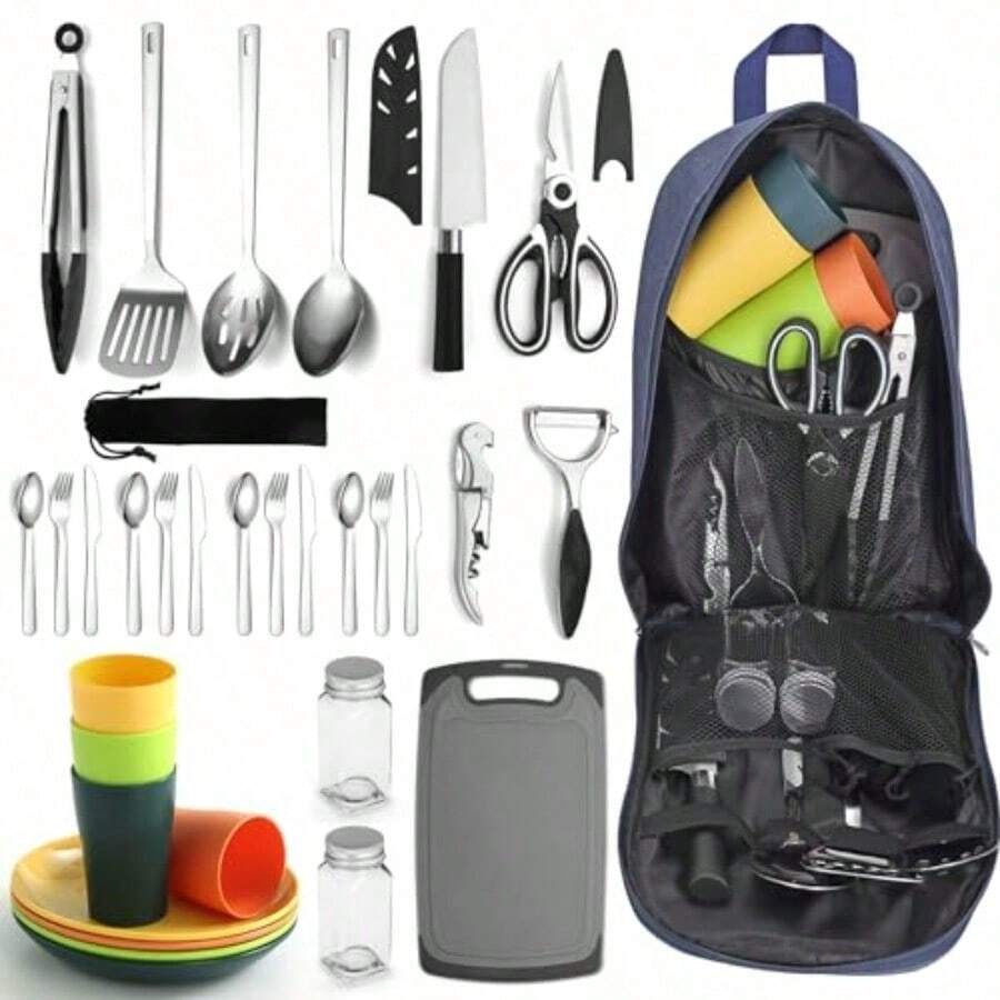 Berglander Juego de utensilios de cocina para camping accesorios de camping artículos imprescindibles vienen con juegos de cubiertos de campamento platos y tazas ideal para estufa al aire - plateado - Ver 1