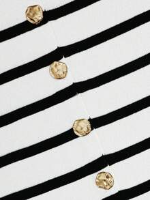 复古时尚优雅金属纽扣前开纯色无袖圆领商务夹克工作服马甲，修身简约风格休闲条纹毛衣，适合女士，春夏秋季 - 彩色 - 查看 8