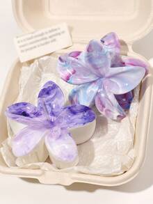 2 件波西米亚风格花卉 UV 印花大理石渐变色勋章菊发夹，甜美可爱的海滩配饰，日常发型时尚发饰优雅发夹 - 彩色 - 查看 2