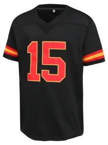 Atonmore Herren 15 Schwarz American Football Trikot Lässiges Kurzarm T-Shirt mit bestickten Nähten und V-Ausschnitt Party Rugby Sport Top