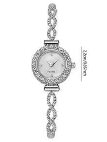 时尚女士手链表，奢华圆形表盘，钻石水钻水晶波纹设计，金属石英表，女友礼物 - 銀色 - 查看 2