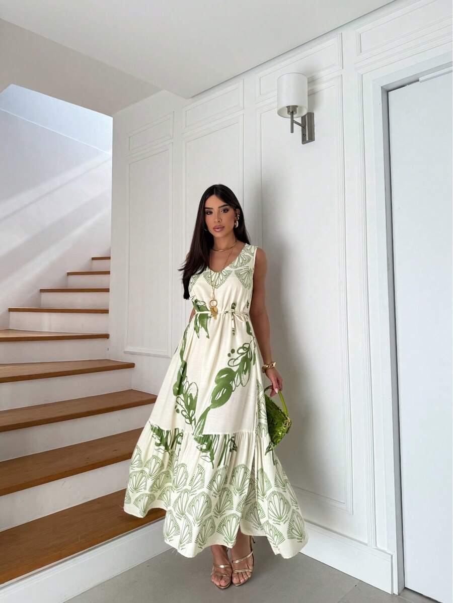 Long Printed Straight Loose Dress With Pocket COD:212-Folha - màu xanh lá - Xem 1