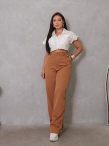 High Waist Tailored Wide Leg Pants – Elegance And - 駝色 - 查看 1