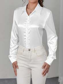 Women Elegant Turndown Collar Front Button Faux Silk Satin Long Sleeve Blouse, Solid Color, Suitable For Daily Commuting - White - View 4