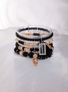 4pcs/Set Bohemian Elegant Sparkling Tassel Beaded Elastic Bracelet Set, Suitable For Women's Daily Wear, Birthday Party, Vacation, Gift