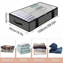 1 Pc Extra Large Underbed Storage Bag With 4 Handles And 2 Sturdy Zippers, Foldable Blanket/Clothes/Quilt Storage Bag With Clear Window, Herringbone Gray, Linen Black