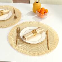 1pc/4pcs/6pcs/120pcs Woven Tassel Placemat Insulation Mat, Hotel & Restaurant Tableware Decoration, Paper Woven Living Room Desk Pad, Anti-Slip Desk Mat - Tassel Woven Placemat - View 4