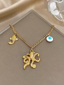 1Pc 18K Gold Plated Bohemia Ocean Octopus, Fish, Shell & Evil Eye Charms Bracelet For Women Girls, Fade-Resistant Stainless Steel Jewelry, Mom Gift, Teacher Gift, Summer Travel Beach Jewelry, Rave/Prom/Party/Daily Accessories, Back To School Gift, Birthday Gift, Pride Accessories