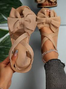 New Women Flat Sandals Summer Khaki Bowknot Open Toe Outdoor Versatile Elastic Strap Sandals