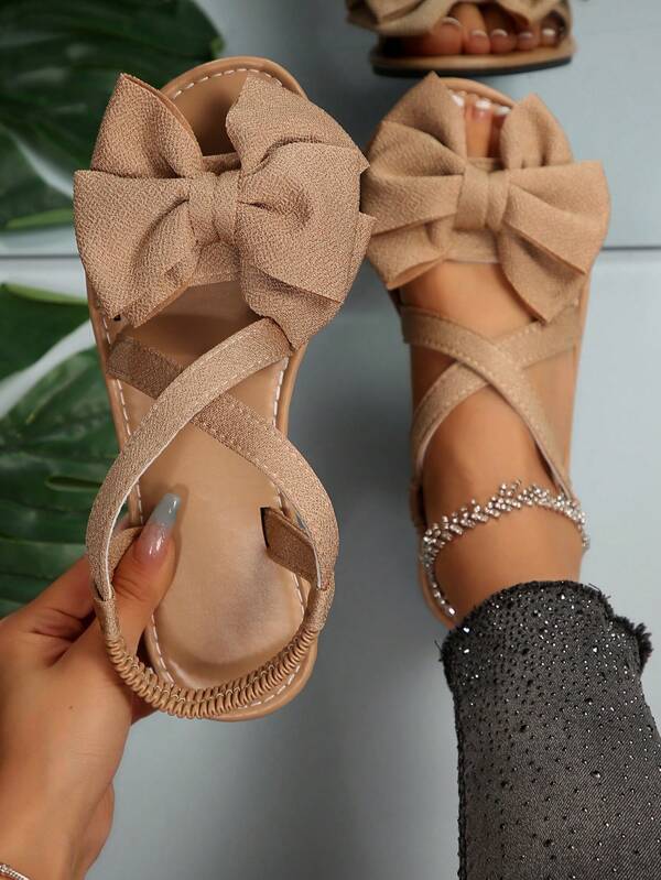 New Women Flat Sandals Summer Khaki Bowknot Open Toe Outdoor Versatile Elastic Strap Sandals