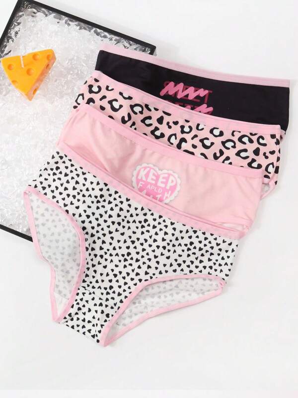 Set da 4 Pezzi Biancheria intima slip per Ragazze Pre-adolescenti, Stampa Semplice Fashion Cuore e Pois, Comodi