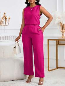 2 件套女士休闲优雅无袖上衣和斜口袋纽扣细节长裤套装 - 玫紅色 - 查看 7