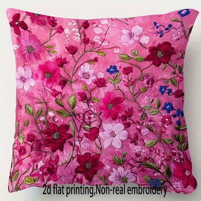1pc 45.72x45.72 Cm Super Soft Plush Throw Pillow Cover, Blooming Hot Pink Garden Floral Design With Embroidery-Like Detail, Double-Sided Comfort, Polyester Material, Zipper Closure – Perfect For Sofa, Bedroom, Or Living Room Decor (No Insert), Decorative Pillows