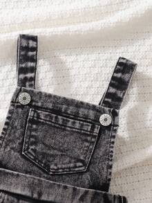 New Style Baby/Toddler Girls Distressed Denim Embroidered Casual Versatile Overalls - Black - View 7
