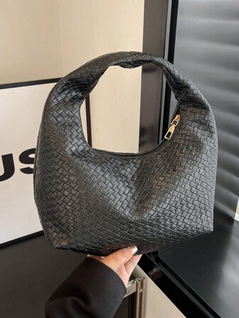 Fashion Simple Woven Pattern Ladies Handbag, Stylish Solid Color Shoulder Bag, Fashionable Zipper Crescent Handbag And Wallet