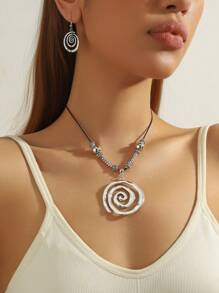 1 Set Of 3pcs Bohemian Style Metal Twisted Texture Pendant Earrings Jewelry Set, Holiday & Everyday Wear