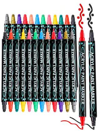 12/24/26/36/48 Colors Waterproof Dual Tip Acrylic Paint Pens, Dot & Fine Tip Premium Coloring Drawing Markers Set For Wood, Rock Painting, Canvas, Glass, Ceramic Surfaces And DIY Crafts Making Art Supplies,School Office Supplies School Supplies,Back To School