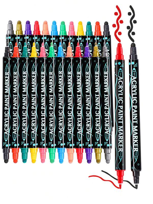 12/24/26/36/48 Colors Waterproof Dual Tip Acrylic Paint Pens, Dot & Fine Tip Premium Coloring Drawing Markers Set For Wood, Rock Painting, Canvas, Glass, Ceramic Surfaces And DIY Crafts Making Art Supplies,School Office Supplies School Supplies,Back To School