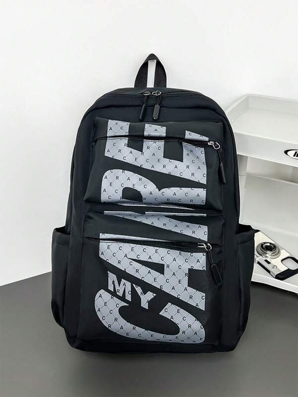 Men's Casual Backpack, Stylish Letter Pattern Double Shoulder Travel Backpack, Lightweight & Portable, Suitable For Travel, Camping, Hiking, School, Ideal Gift For Youth And Students School Bag