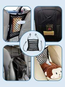 通用汽车座椅储物网袋 - 双层弹力网设计，方便安装头枕或座椅框架，耐用网状材料，适合存放小物品，非常适合家庭用车，汽车储物袋，弹力网袋，汽车配件 - 黑色 - 查看 8