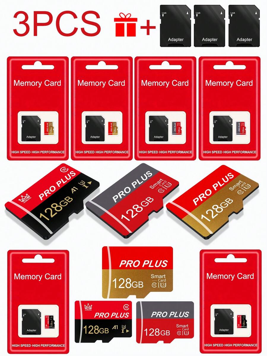 3PCS Micro SD Card With Adapter (128GB/64GB/32GB/16GB/8GB/4GB/2GB/1GB/) - High-Speed TF Memory Card For Smartphones, Cameras, Dash Cams, Switch, Tablets, Etc. | UHS-I Class 10, 4K Video Storage, Reliable Performance | 100% Authentic - Vàng - Xem 1