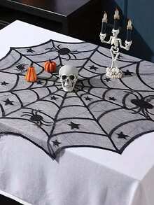 1pc 40 X 40 Inch Halloween Spider Web Round Tablecloth - Black Lace Star Table Runner, Gothic Party Horror, For Home Tabletop Decoration Halloween Party Decoration Home Decor Halloween Decor Fall Decor Room Decor Autumn Decor