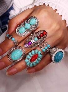 Juego de 7 piezas de anillos de tono turquesa y plateado de aleación con diseño elegante y vintage, apropiado para uso diario, festivales y fiestas