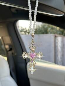 Set de 2 o 3 piezas de decoración con piedras preciosas en forma de corazón y cruz para salida de aire acondicionado de coche, con colgante de cruz para espejo retrovisor de coche como decoración interior - Unitalla - Ver 6