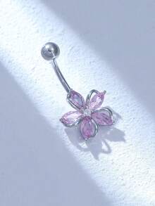 1pc Silver-Plated Copper Shiny Flower Cubic Zirconia Navel Belly Button Ring, Suitable For Ladies Party Decoration - Silver - View 2