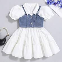 女童夏季泡泡袖拼接下摆连衣裙 + 牛仔吊带开衫套装，时尚百搭返校套装 - 白色 - 查看 3